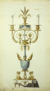 Design para um candelabro de bronze dourado e esmalte (caneta e tinta com w - c no papel)