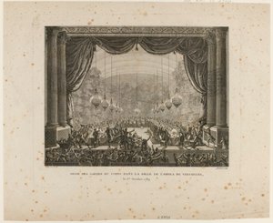 Festa dos Guarda-Costas, regimentos de Flandres, dragões de Montmorency e Guardas Nacionais de Versalhes. Puxando o Galo Nacional, exibem o galo preto, sinal da "Confederação Aristocrática"