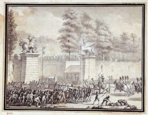 Revolução Francesa: "Monsieur de Lambesc entra nas Tuileries com um destacamento do Regimento Real Alemão em 12 de Julho de 1789" Desenho a tinta e lavagem por Jean-Louis Prieur (1759-1795)