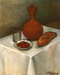 Ainda vida com jarro de barro, pão e morangos