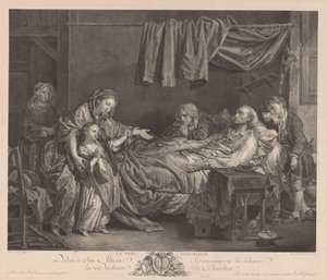 Família em torno de uma cama doente La Dame Bienfaisante (título no objeto) de Jean Massard