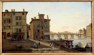 Vista da antiga zona de pesca em Lyon Pintura de Jean Michel Grobon (1770-1853) Sol do século XIX. 0,29x0,5 m Lyon, Musee des Beaux Arts