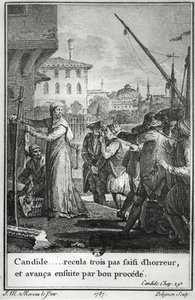 Cândido ... recuou três degraus, tomado de horror, e depois prosseguiu com um bom processo, ilustração do capítulo 29 de Cândido, de François Voltaire (1694-1778), gravada por Jean Louis Delignon (1755-1804) 1787 de Jean Michel the Younger Moreau