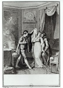 &39;&39; Tire esse véu &39;, disse a velha a Cândido&39;, ilustração do capítulo 7 de &39;Cândido&39; de François Voltaire (1694-1778) 1787 (gravura) (foto bw)