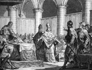 Estabelecimento do dízimo eclesiástico por Pépin le Brief e Carloman (743). Gravura após Moreau a jovem gravura do século XVIII. Coleção particular.