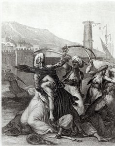 O meu capitão manteve-me escondido atrás dele, e com a sua cimitarra desenhada cortou todos os que se lhe opunham", ilustração do capítulo 11 de "Candide" de François Voltaire (1694-1778) (gravura) (foto a p/b)