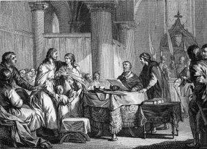 Abdicação de Carloman (ca. 715-754), prefeito do palácio da Austrália, em benefício de seu irmão, Pepin III dit Pepin le Brief (714-768), 747. Gravura de Jean Michel Moreau, dit Moreau le Jeune (1741- 1814) de Jean Michel the Younger Moreau