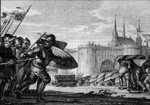 Armee viking atacando Saint Germain des Pres (Saint-Germain-des-Pres) e sua abadia. Século IX (regne de Carlos II, o Careca). Gravura de Jean Michel Moreau, dit Moreau le Jeune (1741- 1814) de Jean Michel the Younger Moreau