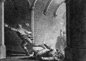 Assassinato de Ebroin, prefeito de Neustria Palace, 681: ele foi morto com um machado por Hermanfroi, senhor a quem ele havia roubado sua propriedade. Gravura de Jean Michel Moreau, dit Moreau le Jeune (1741- 1814)