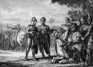 Batalha de Tertry, 687: vencedor da Armee of Neustria, Pepin the Jeune ou Herstal (cerca de 653-714), príncipe da Austrália, reconhece a autoridade do rei de Neustria Thierry III (657-691). Gravura de Jean Michel Moreau, dit Moreau le Jeune (1741- 181