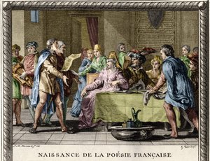 Nascimento da poesia francesa: Troubadours, seguidos por malabaristas e ménétiers, recitam os primeiros poemas em francês durante as festividades entre os nobres do século XII. Gravação de Moreau le Jeune de Jean Michel the Younger Moreau