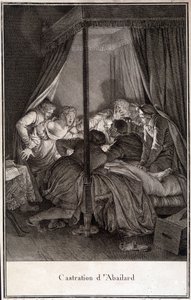 Castração de Pierre Abélard ou Pierre Abailard filósofo e teólogo francês (1079 a 1142). gravura de Moreau.