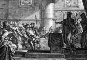 Clero entre clero e nobreza reunidos no Parlamento em Epernay (Marne) por Charles the Bald (846). Gravura de J. P. Le Bas depois de Moreau le jeune.18 século.