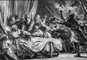 Fim da dinastia Carolíngia, 988: prisão de Carlos (953-991), Duque da Baixa Lorena, por Hugues Capet (941-996) e seu exército. Gravura de Jean Michel Moreau, dit Moreau le Jeune (1741- 1814) de Jean Michel the Younger Moreau