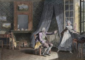 As últimas palavras de Jean Jacques Rousseau (1712-1778), escritor de língua inglesa de Genevan. Gravura do final do século XVIII, depois de Moreau le Jeune Les Dernieres Paroles Jean-Jacques Rousseau d