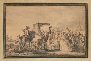 Maria Antonieta, saindo de sua carruagem e cercada por seu cortejo, confortando um camponês, 1773 de Jean Michel the Younger Moreau
