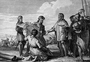 Projecto de um canal entre o Reno e o Danúbio, 793: Charlemagne (747-814) visitando o local do canal para ligar o Mar do Norte ao Mar Negro. Gravura de Jean Michel Moreau, dit Moreau le Jeune (1741- 1814) de Jean Michel the Younger Moreau