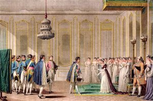 Proxy proposta de casamento de Napoleão apresentada à Imperatriz da Áustria pelo príncipe de Neufchatel (Louis-Alexandre Berthier) - gravura depois de Jean-Michel Moreau le jeune - Num quarto do seu apartamento, Imperatriz Marie Louise da Áustria (Marie-Lo de Jean Michel the Younger Moreau