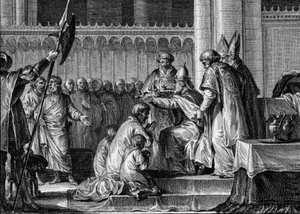Sagrado Pepin o Brief (714-768), Basílica de Saint Denis, 28 de Julho de 754: o Papa Estêvão II consagrou-o rei dos Francos e Patrício dos Romanos (Patricius Romanorum). A seu lado, seus dois filhos, Carloman e Carlos (o futuro Carlos Magno). Gravura