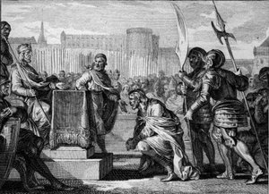 Tassilon III (Tassilhão, Tassilo, 742-794), Duque de Baviere, prostrado a Carlos Magno (747-814), Rei dos Francos, em Ingelheim, 788. Ele foi condenado à traição e condenado à morte, mas terminou a sua vida num mosteiro. Gravura de Jean Michel Moreau, de Jean Michel the Younger Moreau