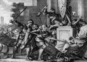 Guerra contra os Saxões, 772: destruição do templo e ídolo de Irmensul, a divindade Paiana dos Saxões, pelo exército de Carlos Magno. Ehresburg, Alemanha. Gravura de Jean Michel Moreau, dit Moreau le Jeune (1741- 1814) de Jean Michel the Younger Moreau