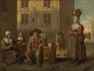 Um comerciante de aves e uma velha aquecendo as mãos, por volta de 1652 (óleo sobre tela)