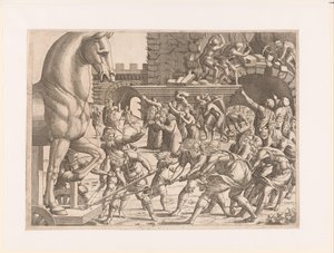 Trazer o cavalo de Tróia
História da Guerra de Tróia (título da série) de Jean Mignon (attributed to)