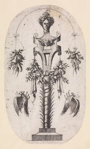 Projeto para um mandato com a cabeça da mulher, cintas e troféus, 1535-55. de Jean Mignon