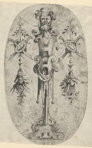 Figura terminal masculina, cabeça com barba e turbante em pé de treliça de três quartos..., ca. 1543-45. de Jean Mignon