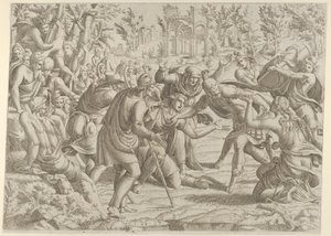 O Traiçoeiro Sinon Traiçoeiro trazido para o Acampamento Trajano pelos Pastores, 1535-55. de Jean Mignon