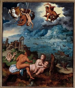 A queda de Phaeton Phaeton (Phaethon), incapaz de controlar o tanque Helios, foi atingida por Zeus, e caiu no rio Eridan. Pintura de Claude Mignon (1535-1555) Século XVI Rouen, Musee des Beaux Arts