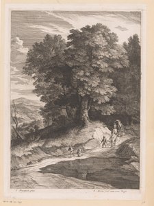 Paisagem com viajantes com um carrinho num caminho
Paisagem com árvores altas (título da série) de Jean Morin