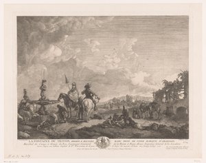 Paisagem com figuras por uma fonte La Fontaine du Triton (título no objeto) Impressões após pinturas de Philips Wouwerman (título da série) Oeuvres de Ph.pe Wouwermans Hollandois (título da série)
