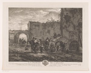 Monges distribuem comida aos peregrinos num pátio
La Charité des Capucins (título sobre o objecto)
Impressões após pinturas de Philips Wouwerman (título da série)
Oeuvres de Ph.pe Wouwermans Hollandois (título da série)