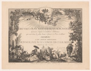 Impressão de título com figuras e animais numa paisagem, com o retrato de Philips Wouwerman
Impressões após pinturas de Philips Wouwerman (título da série)
Oeuvres de Ph.pe Wouwermans Hollandois (título da série sobre o objecto)