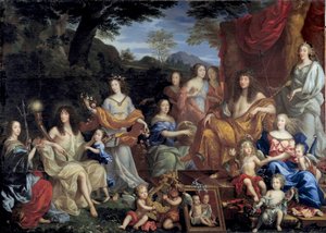 O rei Luís XIV e sua família disfarçam-se em figuras mitológicas O rei, à direita, sentado num trono, está vestido de Apolo. Em baixo, à direita, a Rainha Maria Teresa da Áustria está vestida em Juno. No centro do quadro, a Rainha Madre Ana de Au