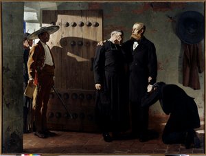 Imperador Maximiliano I (1832-1867) do México antes de sua execução em 19 de junho de 1867 O rei consolou um sacerdote antes de deixar sua prisão. Pintura de Jean Paul Laurens (1838-1921) 1882 São Petersburgo. Museu de l