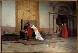 Excomunhão de Robert II, o Pio, em 998. O Rei de França, filho de Hugues Capet, apaixona-se e casa com seu primo Berthe de Borgonha, apesar da desaprovação do Papa Gregoire V, que também o excomungou. Pintura de Jean Paul Laurens (1838 - 19