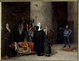 Funeral de Guilherme o Conquistador (1027-1087), Rei da Inglaterra de 1066 a 1087 (1087), na Abadia aux Hommes (Abbey-au-Hommes) de Caen. Um homem chamado Asselin interrompe a cerimônia. Pintura de Jean Paul Laurens (1838-1921)