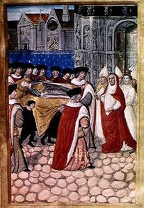 F.28r A Chegada do Corpo da Rainha Duquesa e a recepção do Cardeal Philip de Luxemburgo, da Conta do Funeral de Ana da Bretanha (1477-1514) 1515