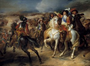 Guerra dos Trinta Anos (1618-1648): "Luís II de Bourbon, Príncipe de Conde (Bourbon-Conde) (Grand Conde) (1621-1686) na Batalha de Lentes, 20 de Agosto de 1648, vitória sobre os espanhóis comandados pelo Arquiduque Leopoldo" Representação de Luís II de Bou