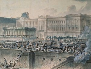 A chegada de Louis XVI (1754-93) em frente ao Louvre, 17 de julho de 1789 (wc e guache sobre papel)