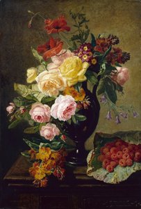 Rosas, papoilas, flores de parede num vaso com framboesas (óleo sobre tela) de Jean Pierre Lays