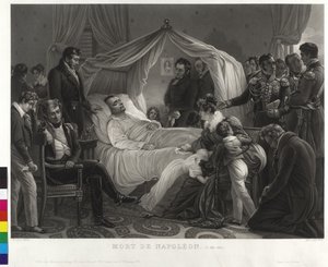 Cercado pelo cavaleiro Napoleão I no leito de morte (aquatint)