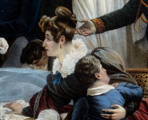 A Morte de Napoleão, 5/05/1821 em Saint Helenedetail representando Fanny Bertrand, esposa de Henri Gatien Bertrand (1773-1844). Litografia de Jean Pierre Marie Jazet (1788-1871) baseada na pintura de Charles Auguste Steuben (1788-1856) Malmaison. Chateau