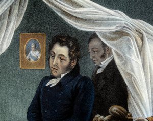 A Morte de Napoleão, 5/05/1821 em Sainte Helene Detalhe representando Louis Etienne Saint Denis conhecido como o "Mameluck Ali" (1788-1856). Litografia de Jean Pierre Marie Jazet (1788-1871) baseada na pintura de Charles Auguste Steuben (1788-1856) Malmais