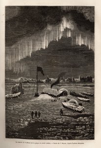 Após o abandono do seu navio, a tripulação de La Hansa construiu um acampamento sobre um derive glacon, iluminado pela aurora boreal, gravando após o desenho de J.Moynet, ilustrando a viagem dos navios La Germania e La Hansa ao Pólo Norte, em 1869-
