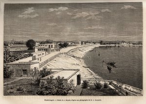 Chandernagor (actual Chandannagar, em Bengala Ocidental), nas margens do Ganges, gravado após o desenho de J.Moynet, ilustrando a viagem na Índia dos Rajahs, em 1864-1868, por Louis Rousselet, publicado em "Le tour du monde" 1874, editado