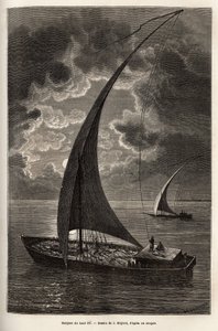 Les barques du haut Nile, tripulação reduzida e passageiros dormindo no convés, ao luar, gravado após o desenho de J.Moynet, ilustrando a viagem ao coração da África em 1868-1871, pelo Dr. Georges Schweinfurth, publicado em "Le tour du monde" 1874, edi