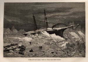 O navio alemão La Hansa apanhado no gelo, a tripulação apressou-se a desembalar os objectos e provisões necessárias, antes de abandonar o navio e continuar a expedição no gelo, gravada após o desenho de J.Moynet, ilustrando a viagem dos navios La